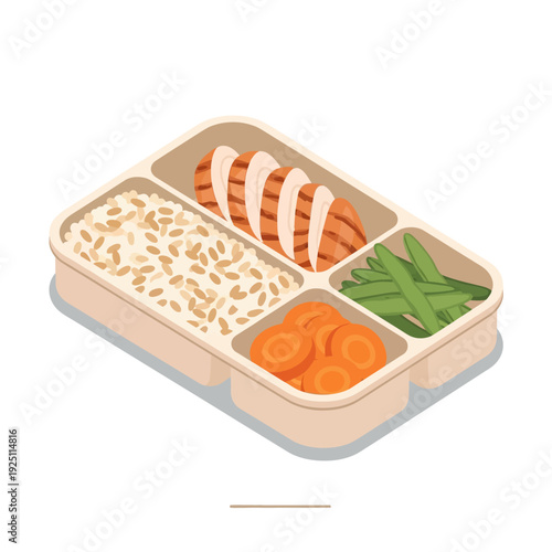 Healthy meal in a compartmentalized container with rice, chicken, carrots, and green beans.