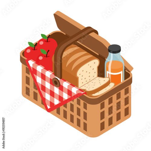 Picnic basket with food and drink on a checkered cloth.