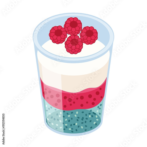 Layered dessert with raspberries and chia seeds in a glass cup.