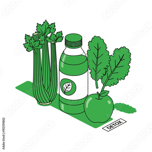 Green Juice Bottle with Fresh Vegetables and Fruits.