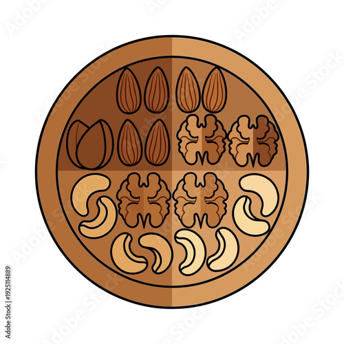 Assorted nuts on a wooden plate, healthy snacking option.