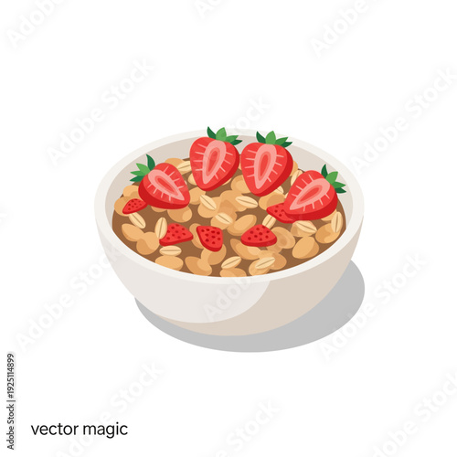 Bowl of Oatmeal with Fresh Strawberries and Nuts.
