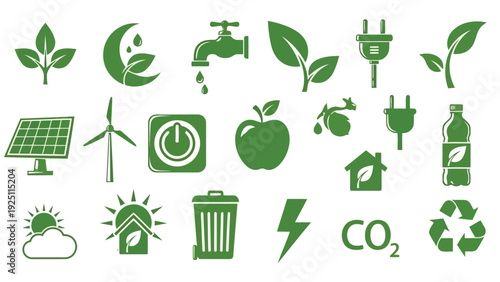 A collection of icons representing environmental sustainability and eco-friendly practices