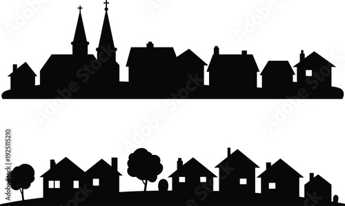 Village skyline silhouette with church and houses, rural town landscape vector illustration isolated on white background design