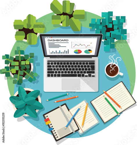 Flat lay illustration of a modern office desk with a laptop dashboard notebooks and lowpoly plants.