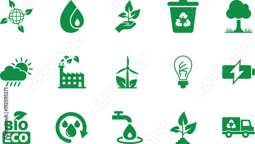 Eco environment icons set in flat style. Ecology vector illustration on white isolated background. Bio emblem sign business concept.