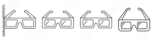Four pairs of 3D glasses icons in a row, minimalistic black outline