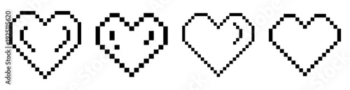 Four stylized pixel art hearts showcasing stages of filling or unfilling hearts