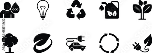 Professional collection of 10 minimalist black sustainability icons featuring electric vehicles, renewable energy symbols, and eco-friendly lifestyle concepts.