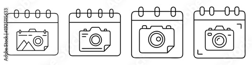 Four calendar icons with cameras symbolize photographic events and scheduling