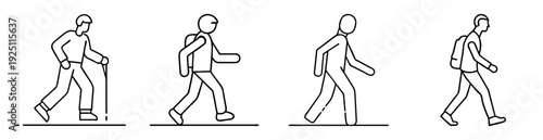 Four stick figures showing walking people in profile with different equipment