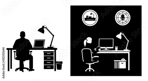 Dual-Style Workspace Icons: Left—Minimalist Silhouette of a Person at a Desk with Laptop; Right—High-Contrast White-on-Black Scene Showing Remote Work with Dual Monitors, Lamp, and Data Symbols
