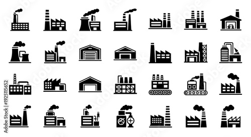 Comprehensive Collection of 24 Factory and Industrial Facility Silhouettes—Depicting Power Plants, Warehouses, Smokestacks, and Manufacturing Units for Urban Planning, Logistics, or Infographic Use

