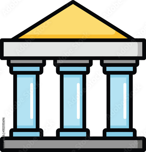 Icon of a classical building with three blue columns a grey base and a yellow pediment.