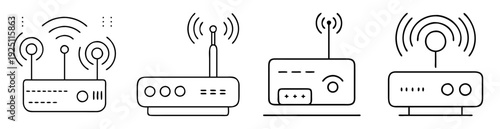 Four variations of black and white WiFi router icons with signal waves