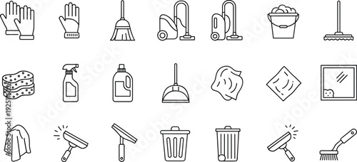 Cleaning service icon set featuring linear vector illustrations of housekeeping tools vacuum cleaner mop spray bottle bucket and sanitary equipment
