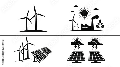 Renewable energy sources and sustainable living icons displayed in a grid layout