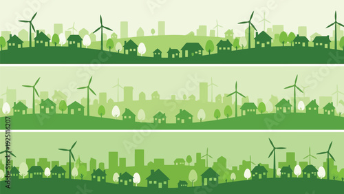 A stylized illustration of two parallel rows of green grassy fields with tiny trees and bushes