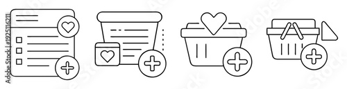 Vector illustration featuring add to wishlist icons, showcasing different shopping basket designs