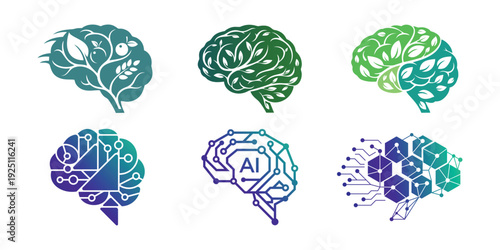 logo brain bundle combination leaf, vegetable, data, connection icon vector illustration
