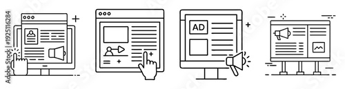 Outline illustrations representing digital advertising and marketing strategies on various platforms