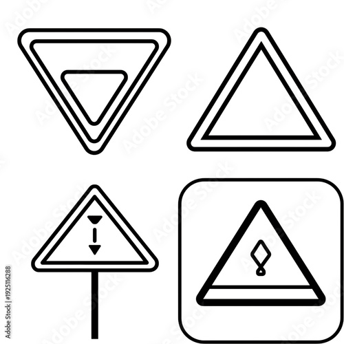 Collection of four different warning and regulatory road signs, each with a unique symbol or shape.