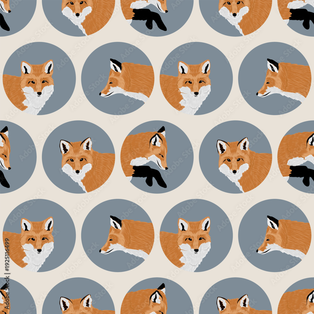 Fototapeta premium Seamless vector pattern with red fox portraits in round icons on beige background