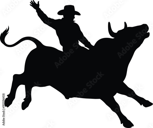 Cowboy riding bull silhouette, rodeo rider in action on bucking bull, western sport, ranch lifestyle and extreme competition concept vector illustration isolated on light background