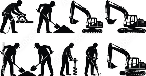 Construction worker and excavator silhouettes set, builders digging, drilling and operating heavy equipment, industrial construction site activity vector illustration isolated on light background