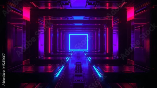 Futuristic neon corridor with glowing square portal and reflective floor