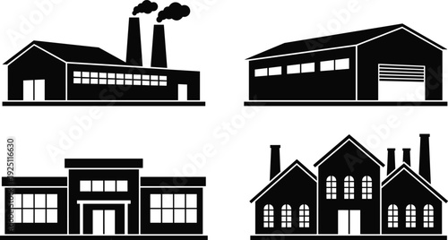 Factory and warehouse building silhouettes set, industrial plants with smokestacks, manufacturing facilities and commercial storage structures vector illustration isolated on light background