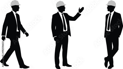 Flat vector illustration of professional male engineer or architect in business suit and hard hat walking, gesturing, and standing confidently.