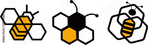 Honey Bee Logo Design Set with Hexagonal Shapes