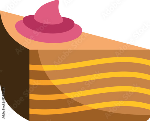 Cake slice presenting multiple layers of sponge cake and frosting with a pink swirl on top