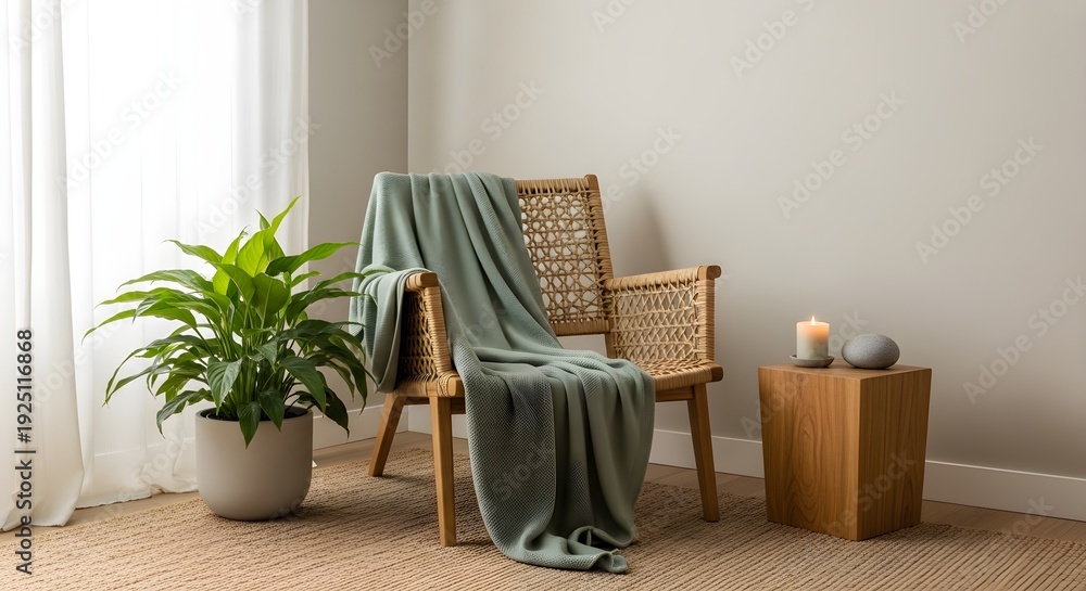 Naklejka premium Cozy and inviting living room corner with wicker chair, soft blanket, and calming indoor plants.