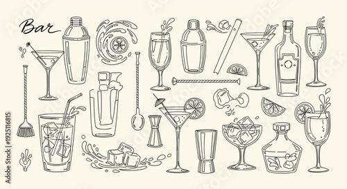 Vintage Hand Drawn Bar Collection Featuring Cocktails Shakers Glasses Bottles And Barware Elements On A Light Background