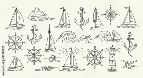 Nautical and Maritime Collection Hand Drawn Sketch Style Featuring Sailboats Anchors Ships Wheels Waves and Lighthouse