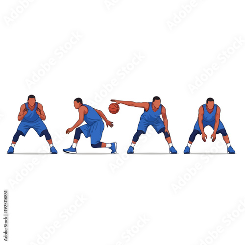 Basketball Player in Various Dynamic Action Poses Dribbling and Defending on Court