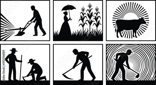 Farmer and agriculture silhouettes set, rural farming activities with plowing, harvesting, cornfield, livestock and traditional countryside life vector illustration isolated on light background