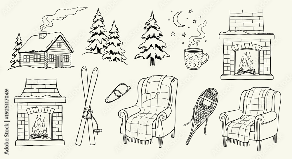 Fototapeta premium Cozy Winter Scene Collection Hand Drawn Elements Featuring Log Cabin Snow Trees Fireplace Armchairs Ski Snowshoes and Hot Drink