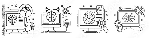 Artificial intelligence and brain functions represented by various black and white line icons