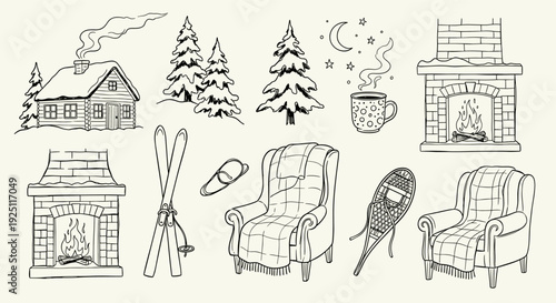 Cozy Winter Scene Collection Hand Drawn Elements Featuring Log Cabin Snow Trees Fireplace Armchairs Ski Snowshoes and Hot Drink