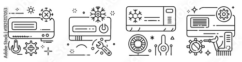 Four abstract designs of air conditioning units with maintenance and repair icons