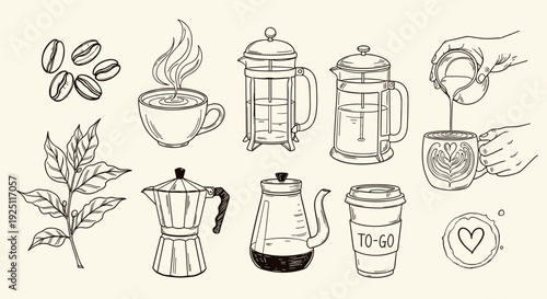 Hand drawn sketch collection of coffee making tools and elements a cup of coffee beans a plant and a to go cup