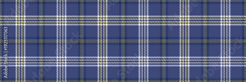 Designer plaid fabric background, outline tartan pattern check. Blank textile seamless vector texture in blue and white colors.