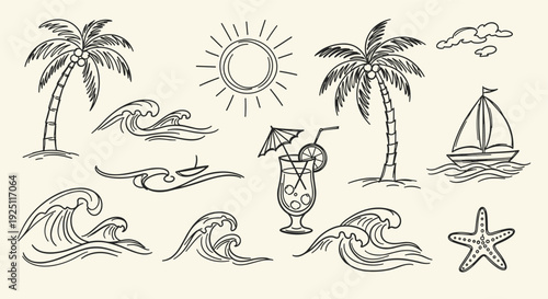 Hand Drawn Tropical Beach Elements Collection Featuring Palm Trees Ocean Waves Sailboat Cocktail and Starfish for Summer Vacation Designs