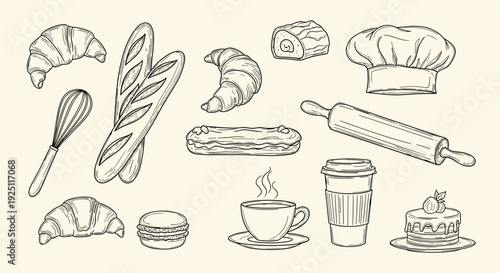 Hand Drawn Bakery Collection Featuring Croissants Baguettes Eclairs Coffee Cup Cake And Baking Utensils On Beige Background
