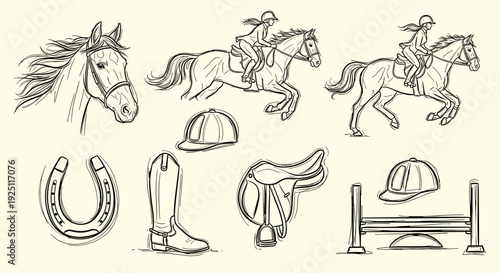 Equestrian lifestyle and horse riding elements collection sketch drawing vintage style