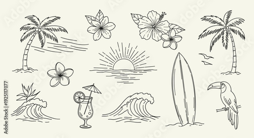 Tropical Paradise Hand Drawn Sketch Collection Featuring Palm Trees Ocean Waves Surfboard Exotic Flowers and Toucan Bird