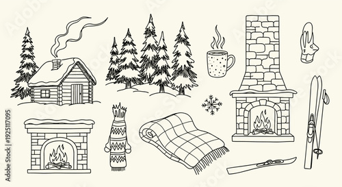 Cozy Winter Cabin Scene with Fireplace and Snow-Covered Trees Hand-Drawn Sketch Style